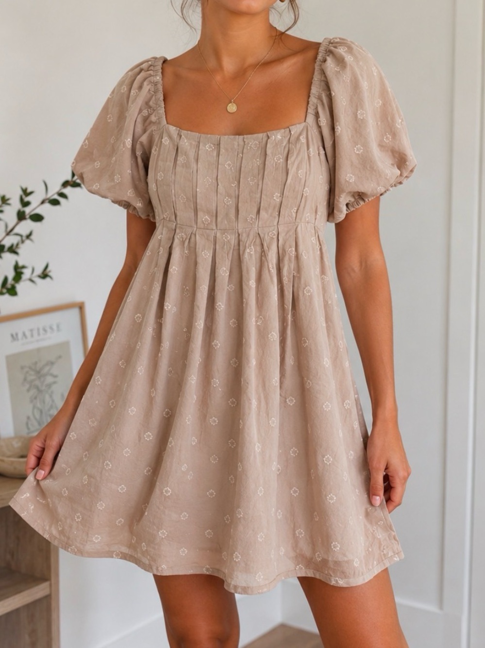 And Now This Puff Sleeve Mini Coastal Dress Beige Square Neck Smocked Small